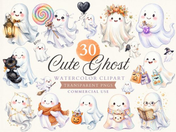 Download Cute Watercolor Ghost Clipart Bundle - Clipart Collection