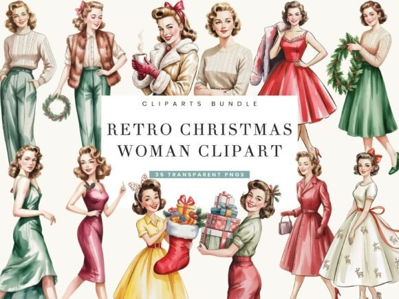 Download Retro Christmas Woman Clipart Bundle - Clipart Collection
